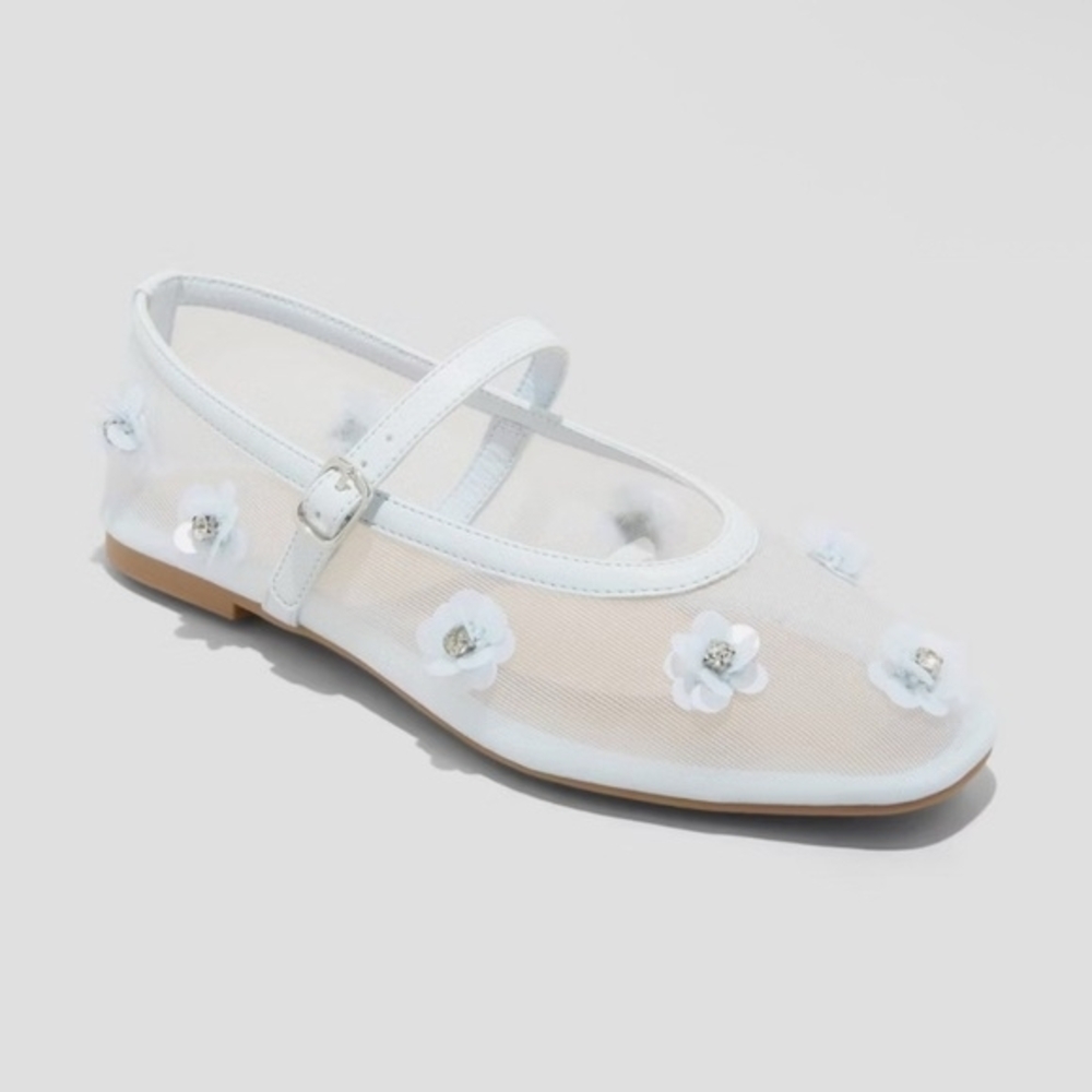 a new day Women's Light Blue Mesh Floral Mary Jane Flats